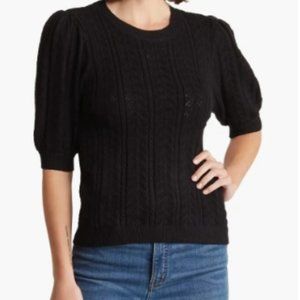 Tahari Size Medium Balloon Sleeve Pointelle Black, Puff Sleeve Sweater NWT